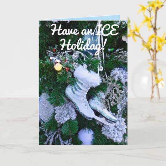 Blauwe Glitters en bont schaatsen op Kerstboom Kaart (Gele Bloem)