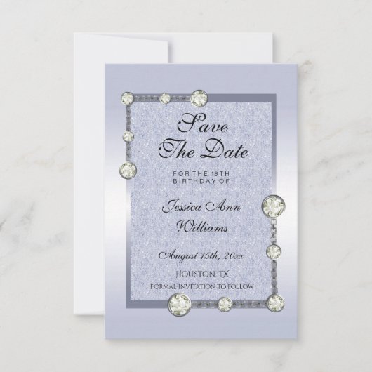 Blauwe glitters en diamantdecoratie op zaterdag save the date (Voorkant)