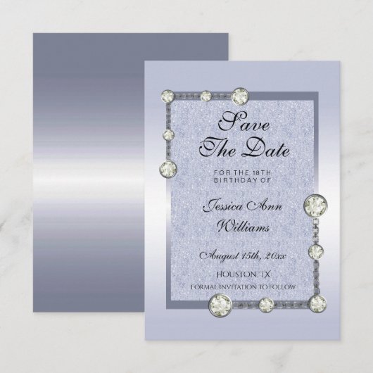 Blauwe glitters en diamantdecoratie op zaterdag save the date (Voorkant / Achterkant)