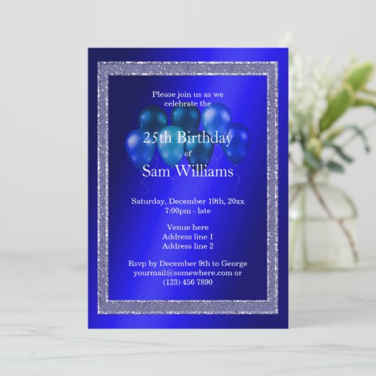 Blauwe glitters en vogelballonnen kaart (Staand voorkant)