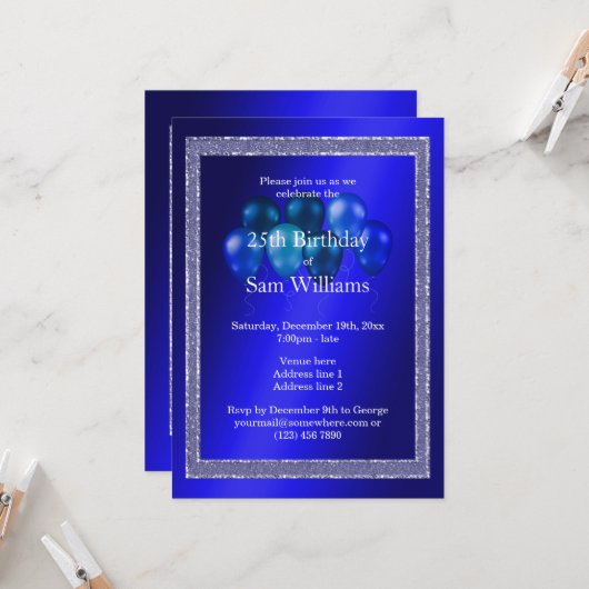 Blauwe glitters en vogelballonnen kaart (Voorkant / Achterkant in situ)