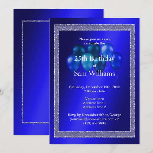 Blauwe glitters en vogelballonnen kaart (Voorkant / Achterkant)