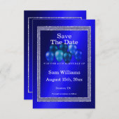 Blauwe glitters en vogelballonnen save the date (Voorkant / Achterkant)