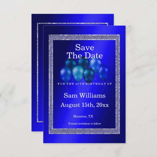 Blauwe glitters en vogelballonnen save the date (Voorkant / Achterkant)