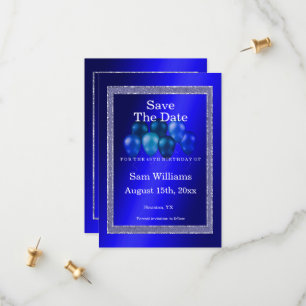 Blauwe glitters en vogelballonnen save the date