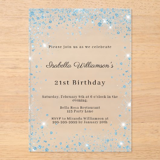 Blauwe glitters winterfeest frostige verjaardag acryl uitnodigingen (Voorkant)