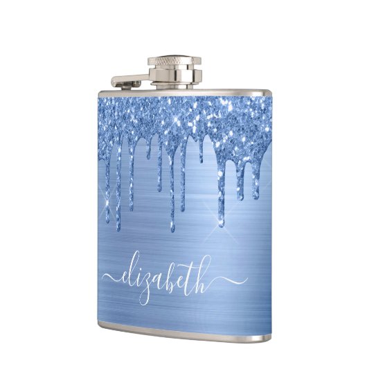 Blauwe glitterschijven op maat heupfles (Links)