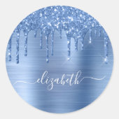 Blauwe glitterschijven op maat ronde sticker (Voorkant)