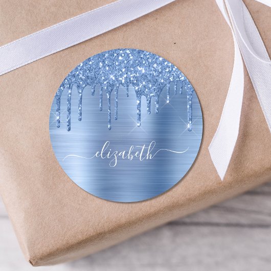 Blauwe glitterschijven op maat ronde sticker