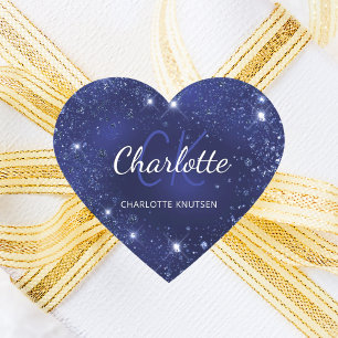 Blauwe glitterspoeder monogram naam hart sticker