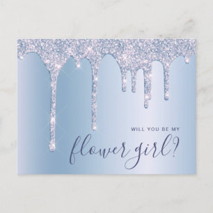 Blauwe glittersprenkels word je mijn bloemenmeisje uitnodiging briefkaart