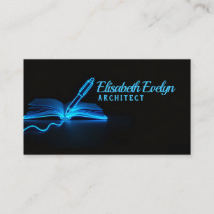 Blauwe Gloed van Wijsheid: Pen en Boek in Duistern Visitekaartje