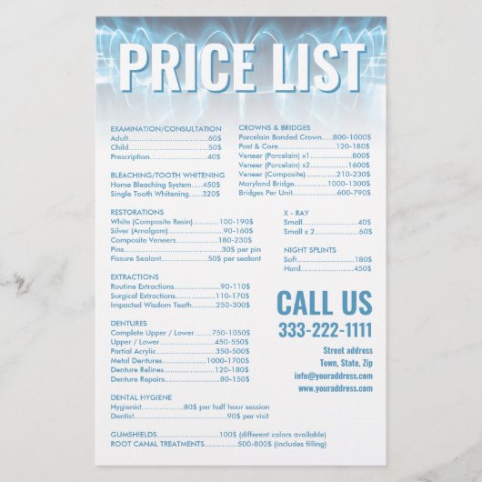 Blauwe gloeiende tanden glimlach tandarts prijslij briefpapier (Voorkant)