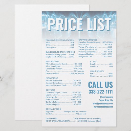 Blauwe gloeiende tanden glimlach tandarts prijslij briefpapier (Voorkant / Achterkant)