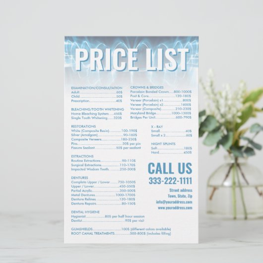 Blauwe gloeiende tanden glimlach tandarts prijslij briefpapier (Staand voorkant)