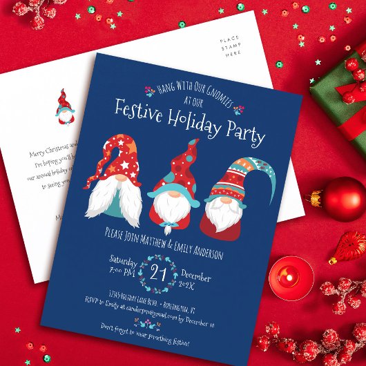 Blauwe Gnome Kerstvakantie Feestelijke Kerstparty  Uitnodiging Briefkaart