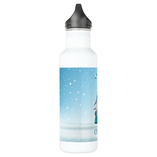 Blauwe gnoom op sneeuw waterfles  (Links)