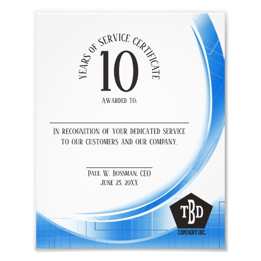 Blauwe golf 10 jaar beloning werknemer foto afdruk (Voorkant)