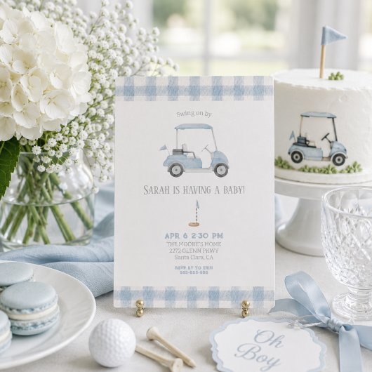Blauwe Golfkar baby shower Uitnodiging