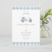 Blauwe Golfkar baby shower Uitnodiging (Staand voorkant)