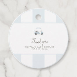 Blauwe golfkar cadeau gunst tag bedankjes labels