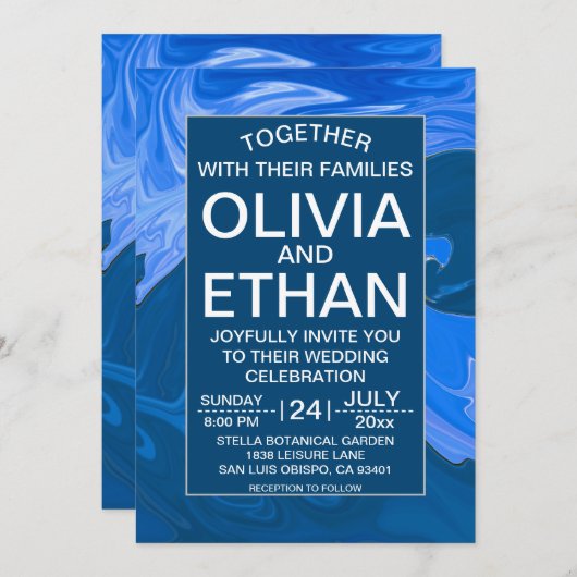 Blauwe golven abstracte huwelijksuitnodiging kaart (Voorkant / Achterkant)