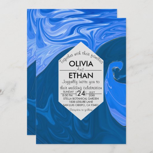 Blauwe golven abstracte huwelijksuitnodiging kaart (Voorkant / Achterkant)