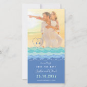 Blauwe golven die de foto van het HartBeach sparen Save The Date (Voorkant)