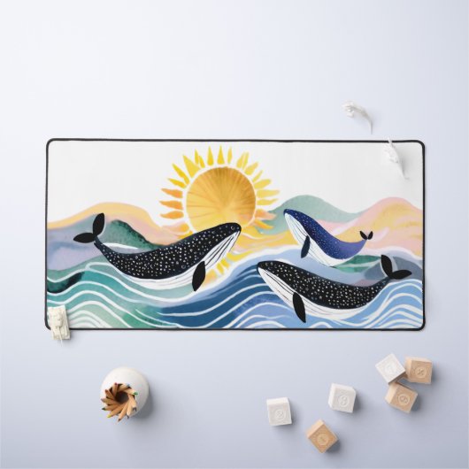 Blauwe golven en gelukkige walvissen bureaumat (Kindertafel)