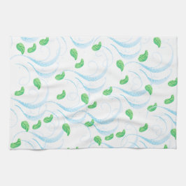 Blauwe golven en groene lederen keukenhanddoek