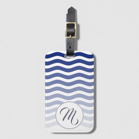 Blauwe Golven Gradiënt Patroon Elegant Monogram Bagagelabel (Voorkant (verticaal))