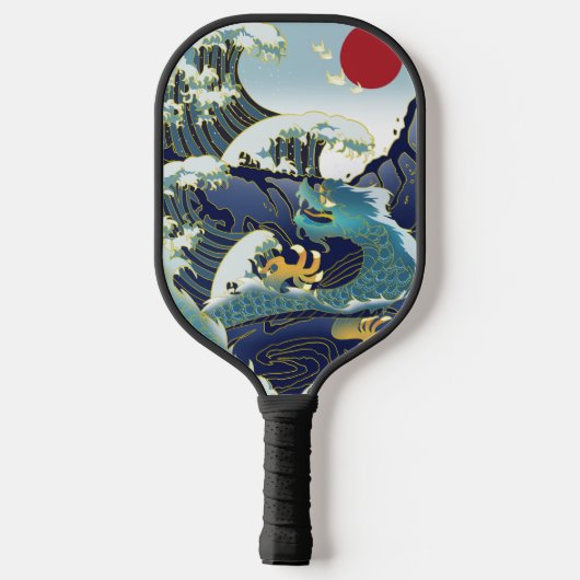 Blauwe golven Groene Draak Rode Zon Pickleball Pad Paddle (Achterkant)