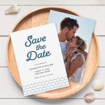 Blauwe golven met uw foto Save the Date kaart