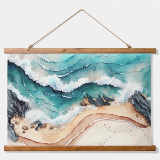 Blauwe golven op het strand hangend wandkleed (Voorkant)