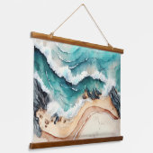 Blauwe golven op het strand hangend wandkleed (Gebogen)