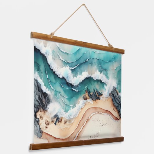 Blauwe golven op het strand hangend wandkleed (Gebogen)