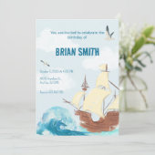 Blauwe golven schip viking verjaardag  kaart (Staand voorkant)