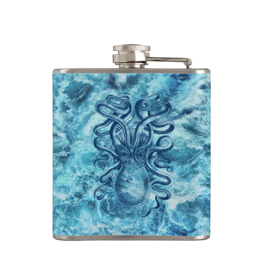 Blauwe golven van het Zee & Octopus Grafische  Tek Heupfles (Achterkant)