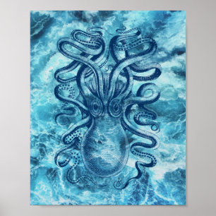 Blauwe golven van het Zee & Octopus Grafische  Tek Poster