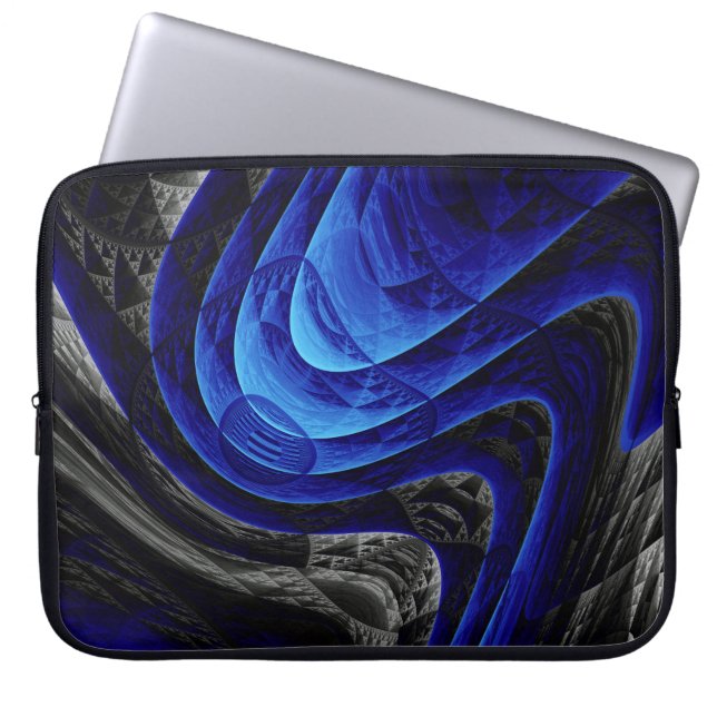 Blauwe golvende abstracte, digitale kunstachtergro laptop sleeve (Voorkant)