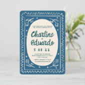 Blauwe golvende handschrift moderne bruiloft kaart (Staand voorkant)