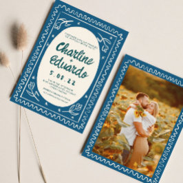 Blauwe golvende handschrift moderne bruiloft kaart