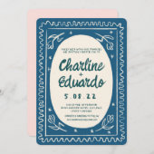 Blauwe golvende handschrift moderne bruiloft kaart (Voorkant / Achterkant)