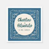 Blauwe golvende pastel handschrift retro bruiloft  servet (Voorkant)