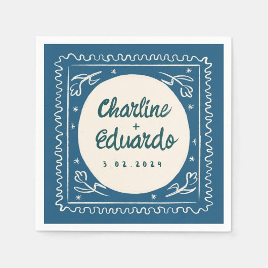 Blauwe golvende pastel handschrift retro bruiloft servet (Voorkant)