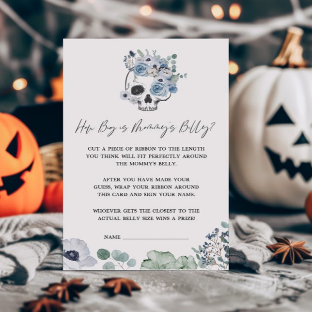Blauwe Gotische Schedel Hoe groot is Mommys Belly  (Floral Skull Baby Shower How Big is Mommys Belly Game)