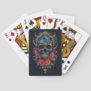 Blauwe gotische schedel met rozen en gouden kroon pokerkaarten