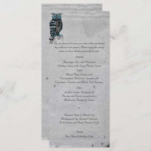Blauwe Gotische Uil Posh Bruiloft Menu (Voorkant / Achterkant)