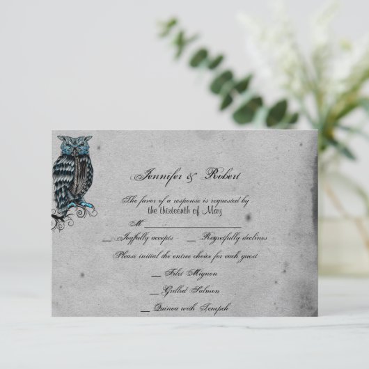 Blauwe Gotische Uil Posh Bruiloft Reactie Kaart (Staand voorkant)