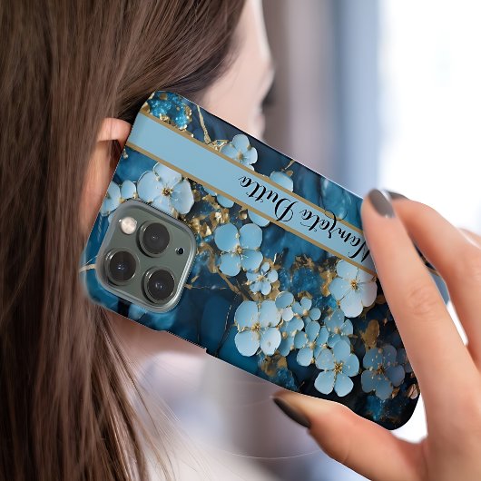 Blauwe Goud Aderen Agate Monogram iPhone Hoesje